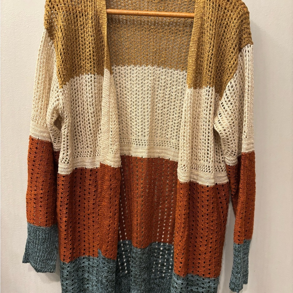 Linda Anderson crochet cardigan size XL Colorblock Open Knit Cardigan Sweater